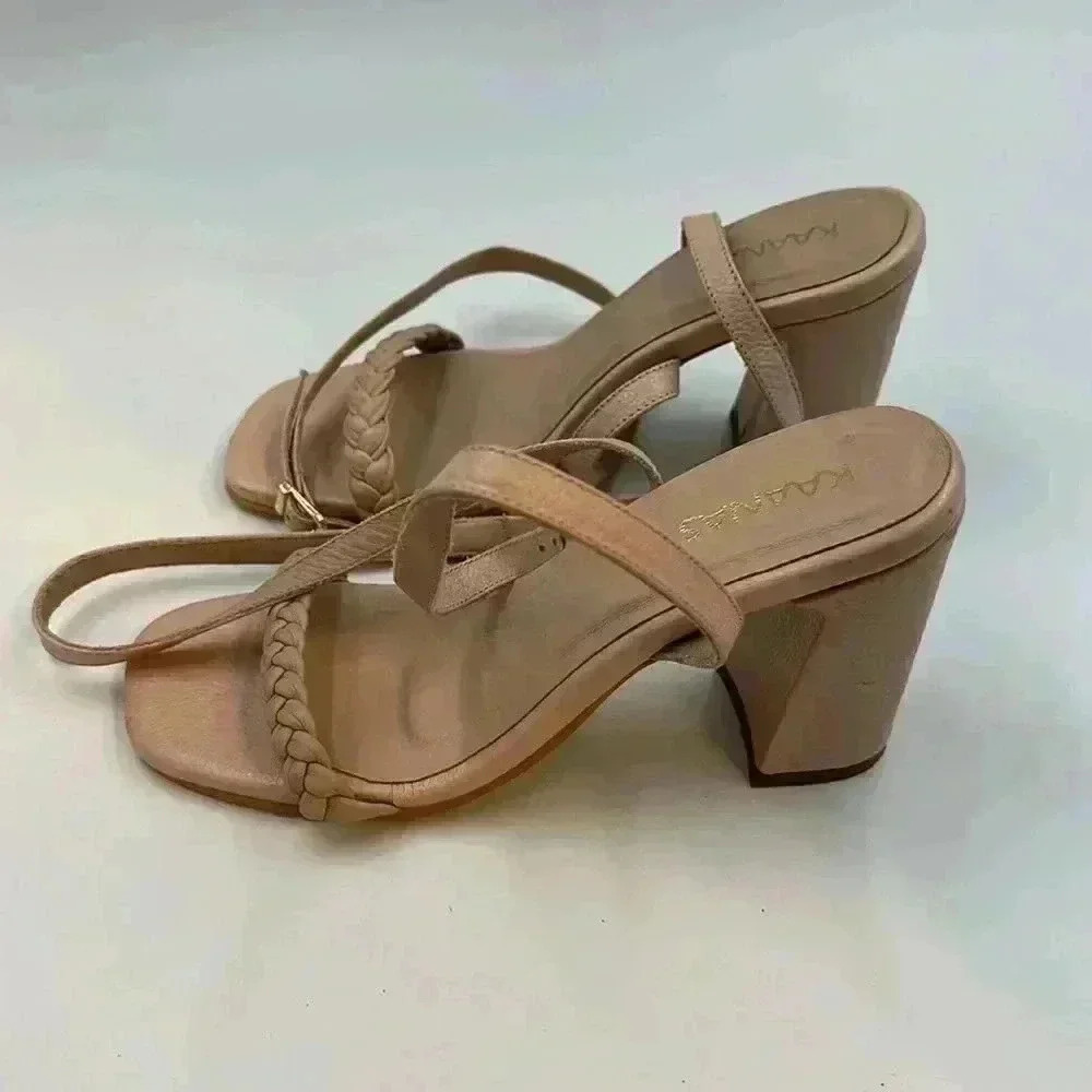 KAANAS Danli braided strappy heel with ankle straps in blush. Size 6